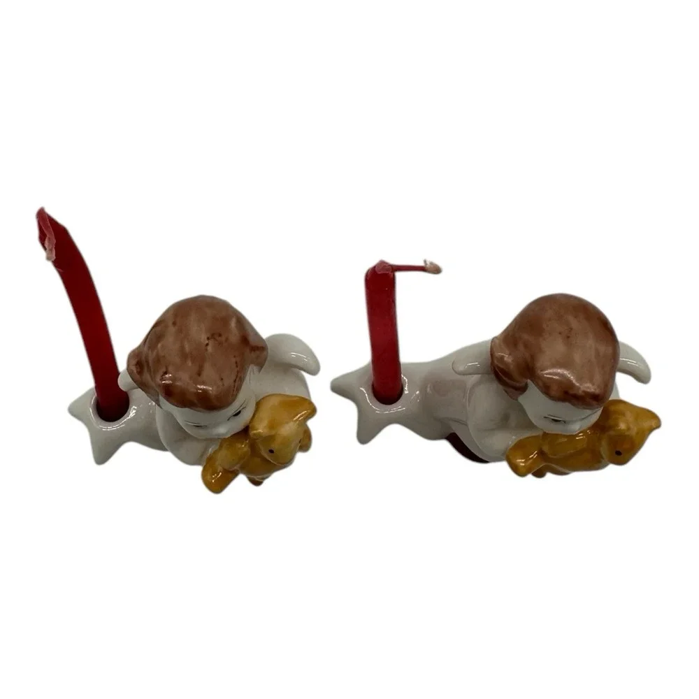 Pair of Vintage Goebel Christmas Candle Holders Angel w/ Teddy Bear 2.5